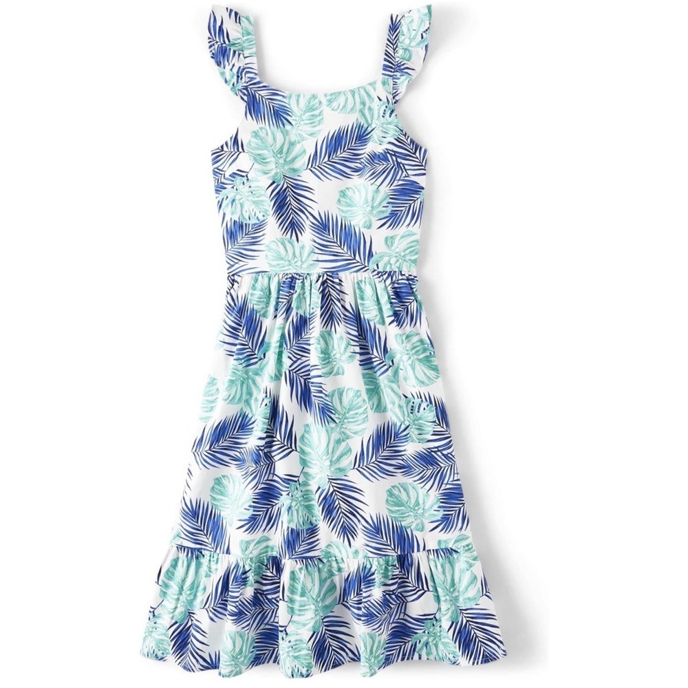 NWT Gymboree Women's Tropical Palm Leaf Ruffle Dress - Blue/White/Teal - Size L